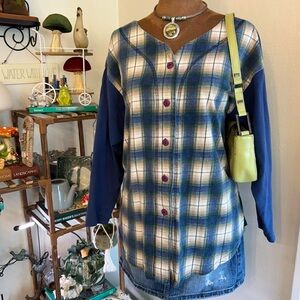 90s Blue + Cream Button Down Plaid Baseball Tee w Cropped Sleeves by Next Era